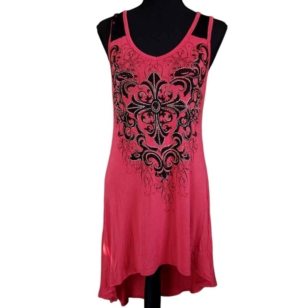 Vocal Cross Bling Rhinestone And Lace Red Tank Dress